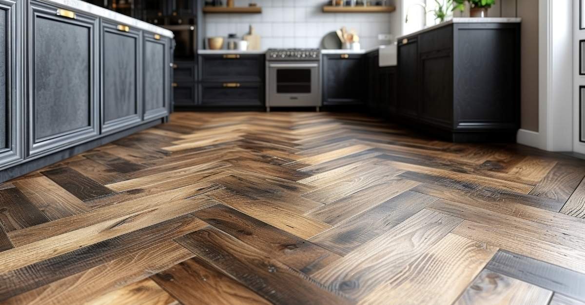 herringbone wood floor in kitchen