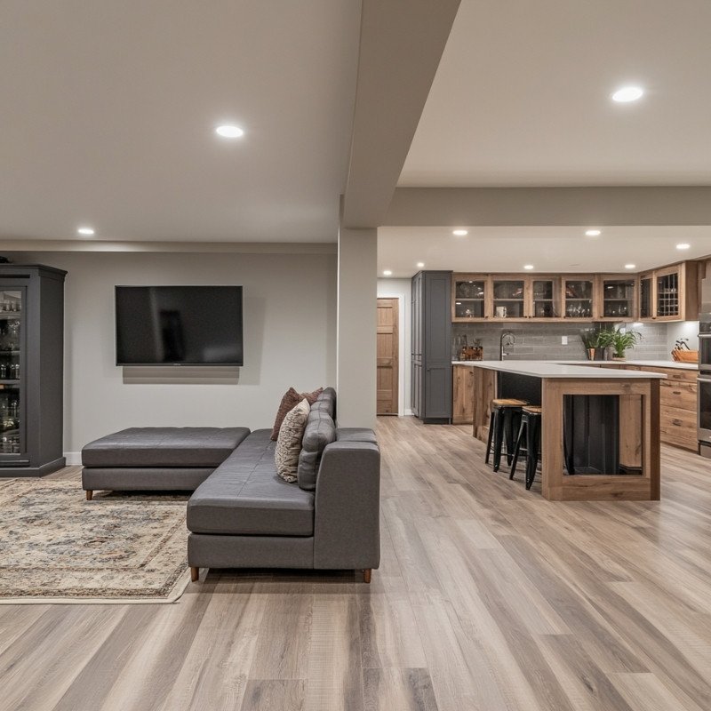 remodeled basement with full kitchen